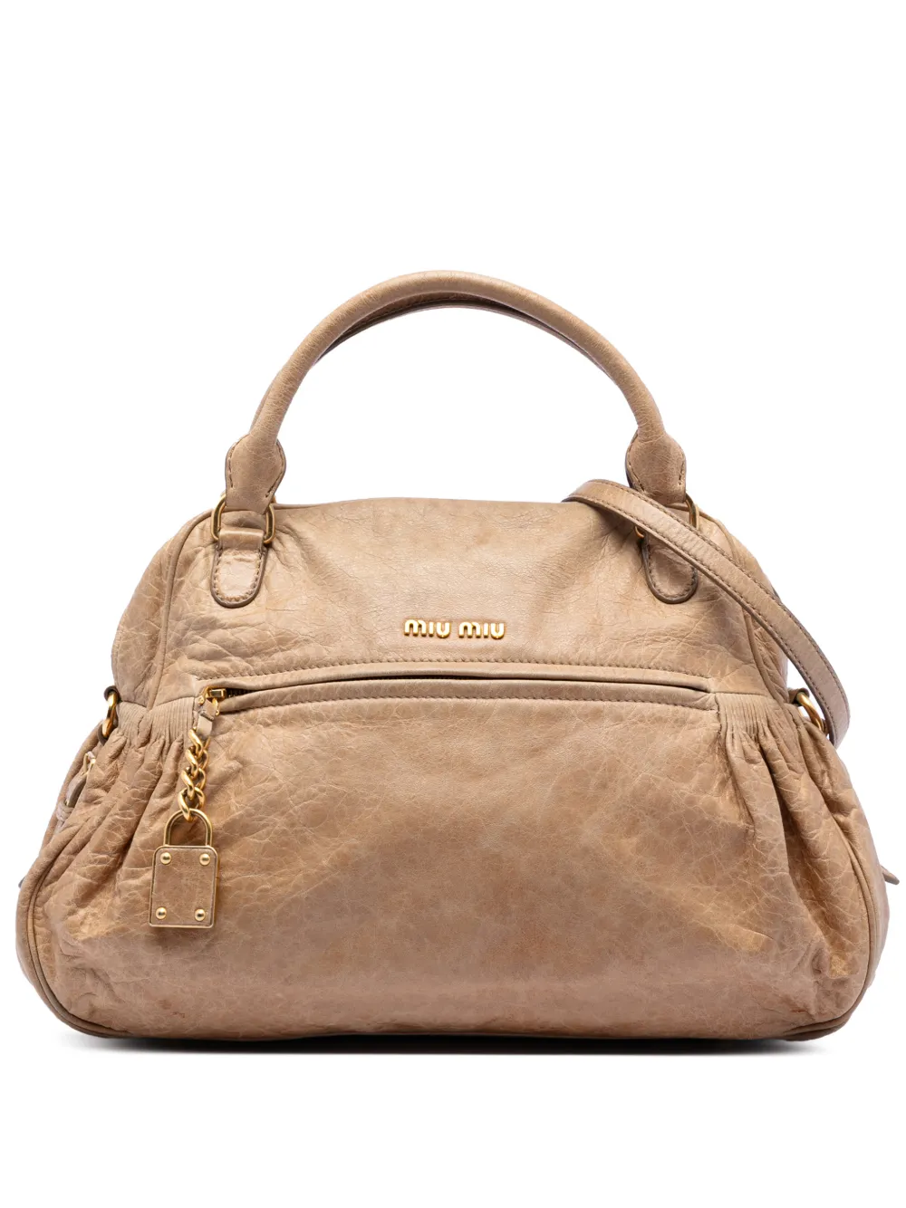 Miu Miu Pre-Owned 2010 mittelgroße Satchel-Tasche aus Nappaleder im Distressed-Look mit Anhänger - Braun