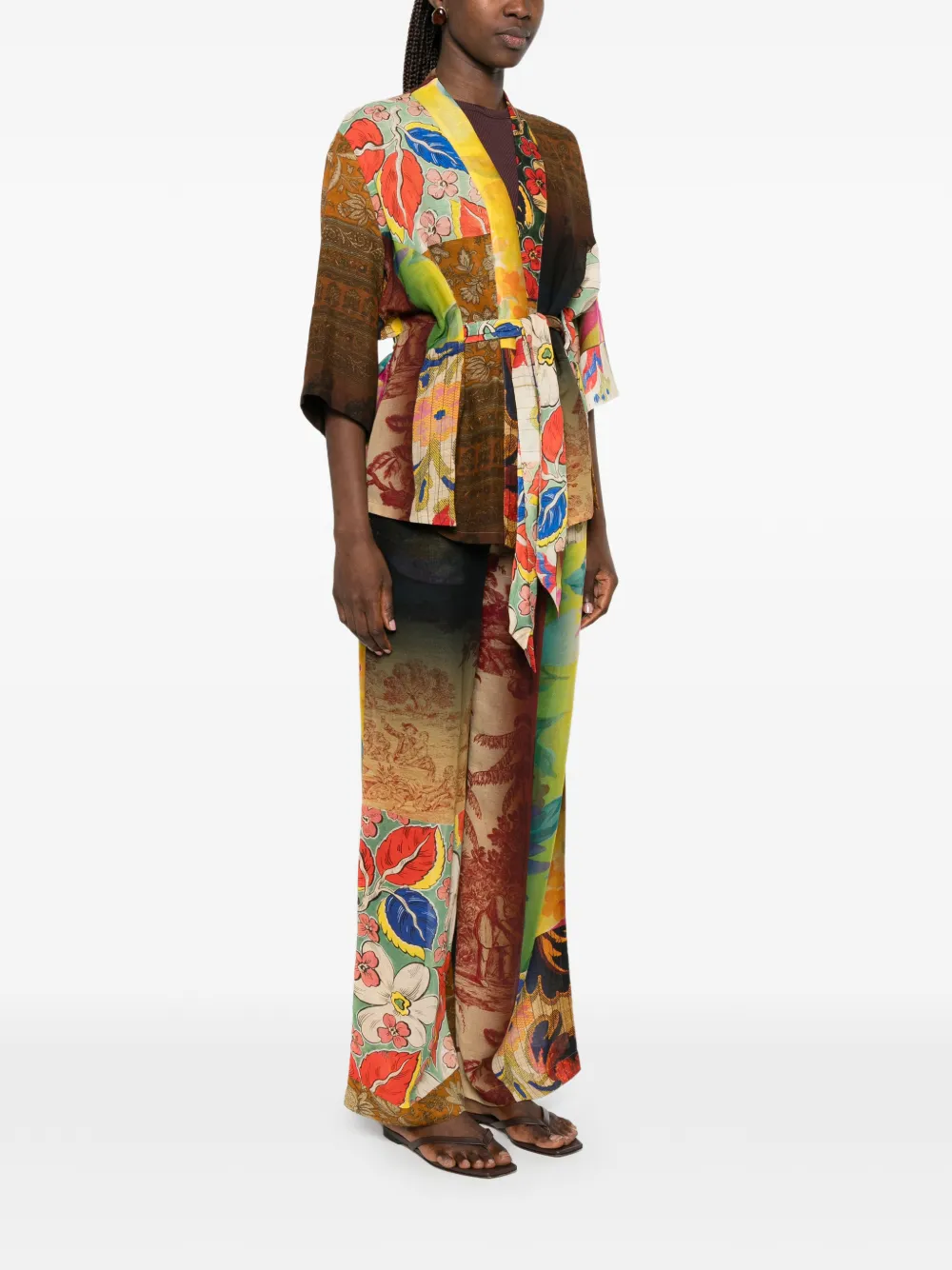 120% Lino Wikkeljas met bloemenprint Bruin