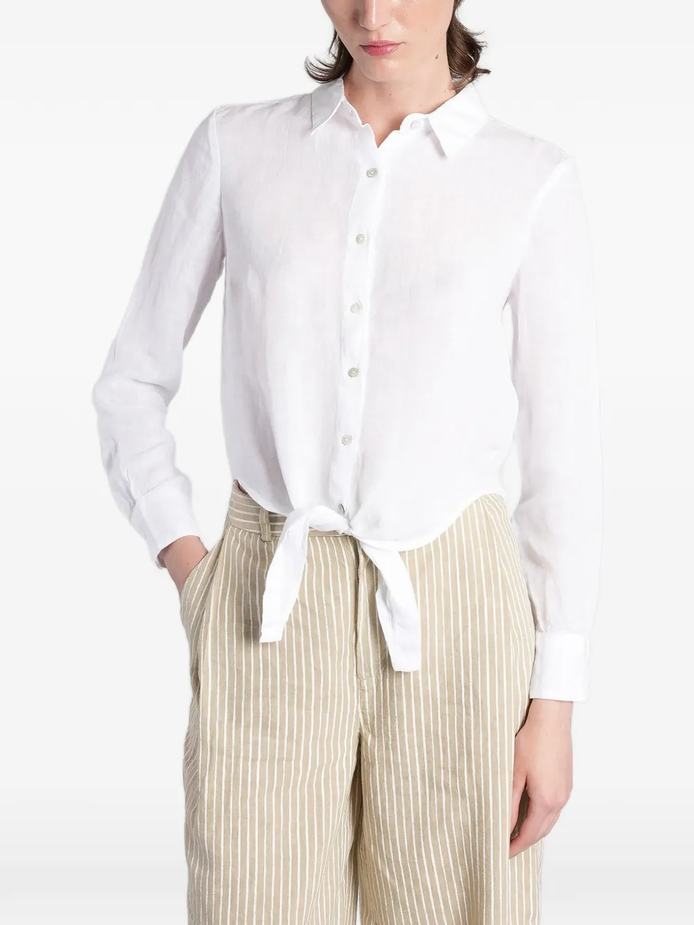120% Lino tie-front long-sleeve shirt - Weiß