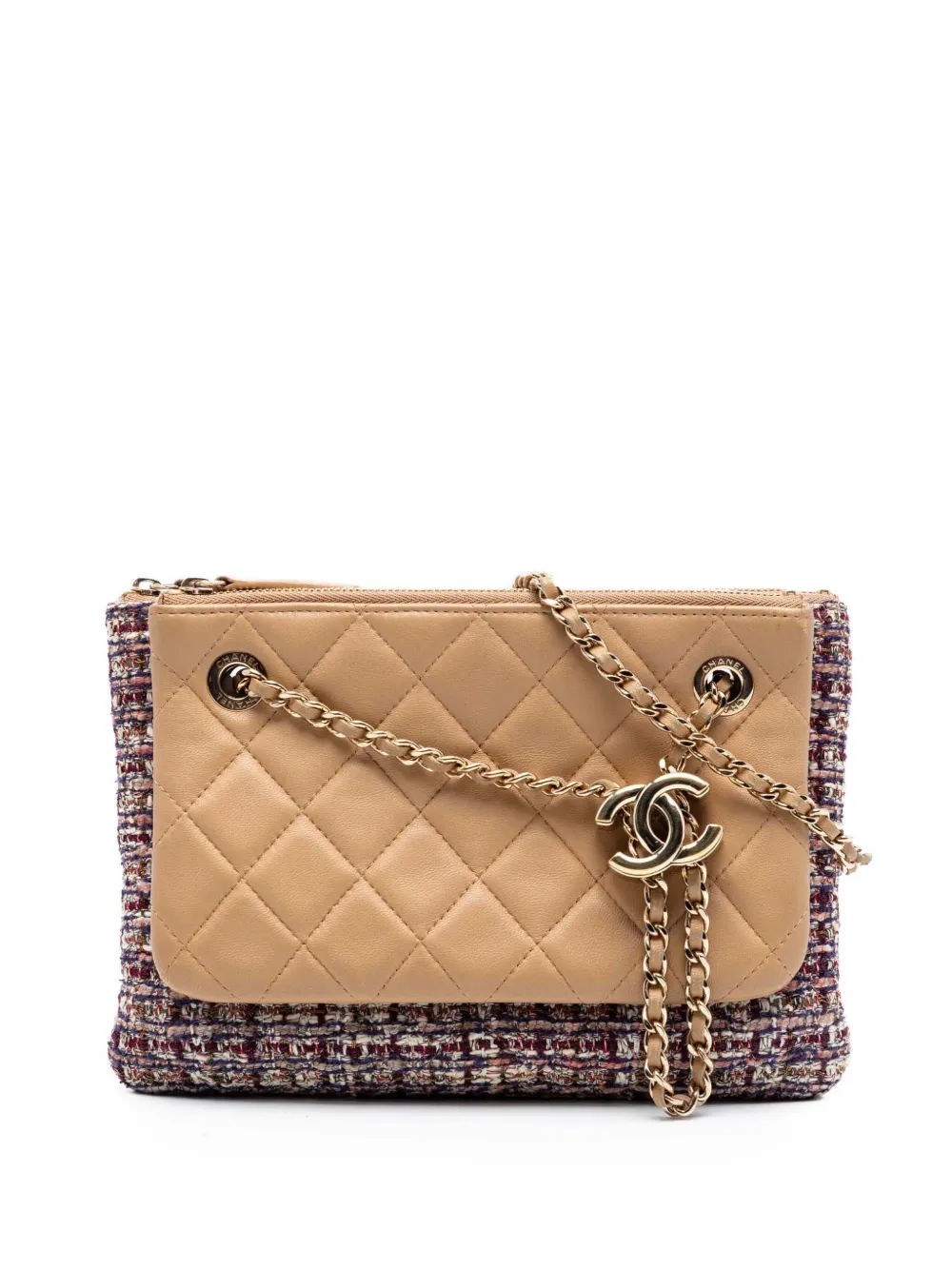 CHANEL Pre-Owned 2019 Quilted Lambskin and Tweed Double Case with Chain crossbody bag - Marrone