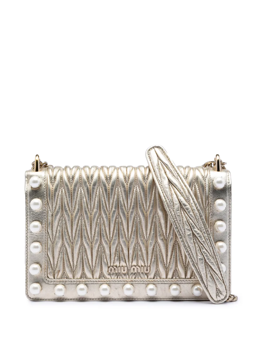 Miu Miu Pre-Owned 2010-2026 Metallic Nappa Matelasse Faux Pearl Flap crossbody bag - Oro