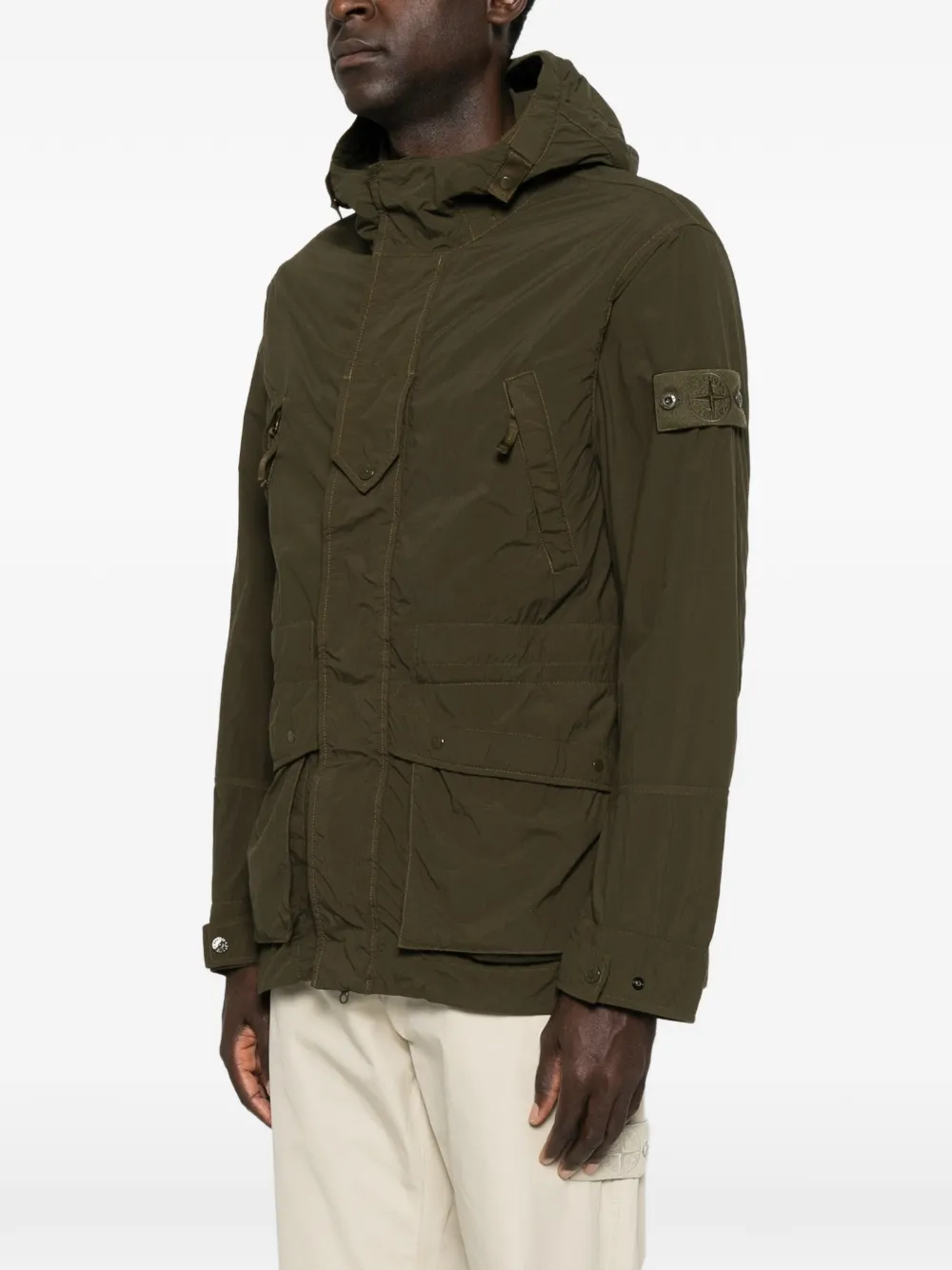 Stone Island hooded logo-patch jacket Groen