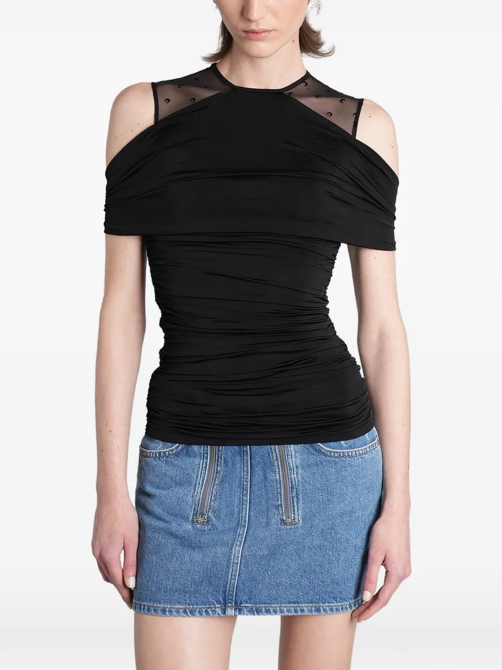Marine Serre ruched cold-shoulder top - Schwarz