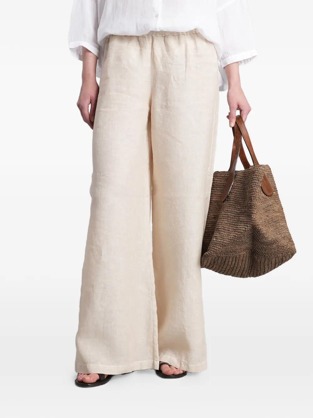 120% Lino elasticated-waist side-slit palazzo pants - Toni neutri