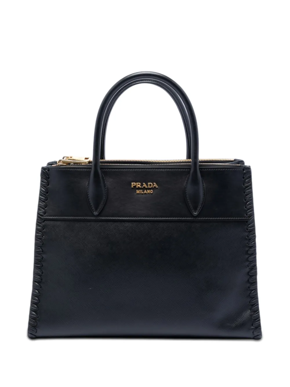 Prada Pre-Owned 2010-2026 City Calf Trimmed Saffiano Paradigme Whipstitch satchel - Nero