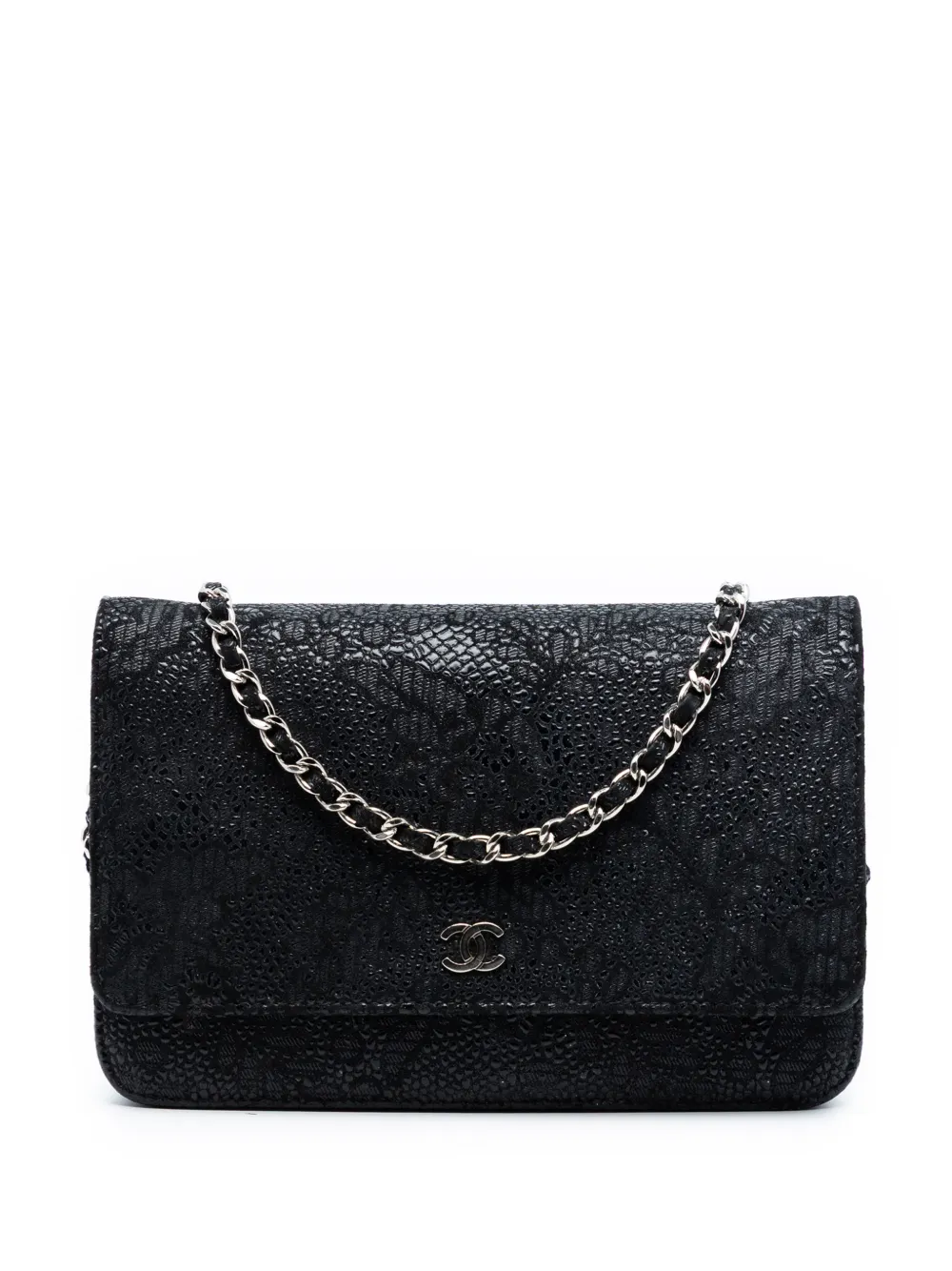 CHANEL Pre-Owned 2013-2014 CC Lace Overlay Goatskin Wallet On Chain crossbody bag - Nero