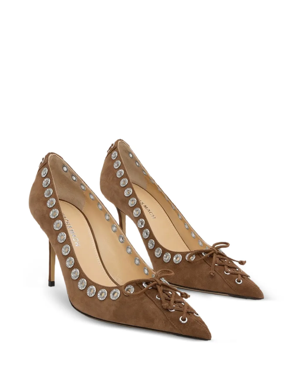 MACH & MACH Corset suède pumps met puntige neus en kristallen Bruin