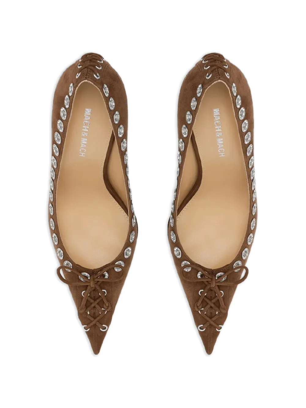MACH & MACH Corset suède pumps met puntige neus en kristallen Bruin