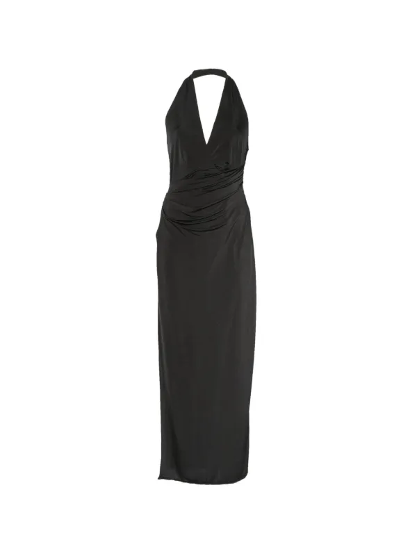 halter neck ruched midi dress Black Halter Neck Ruched Midi Dress With Side Slit