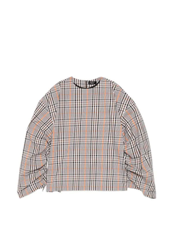 A.W.A.K.E. Mode Checked Drawstring-sleeve Blouse in Brown