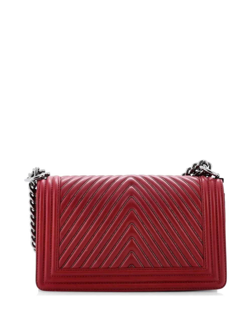  Chanel Pre-owned Sac Porté épaule Matelassé Boy Ancien Format Moyen à Rabat En Cuir De Veau à Chevrons Avec Détail En Micro-chaîne - Rouge 