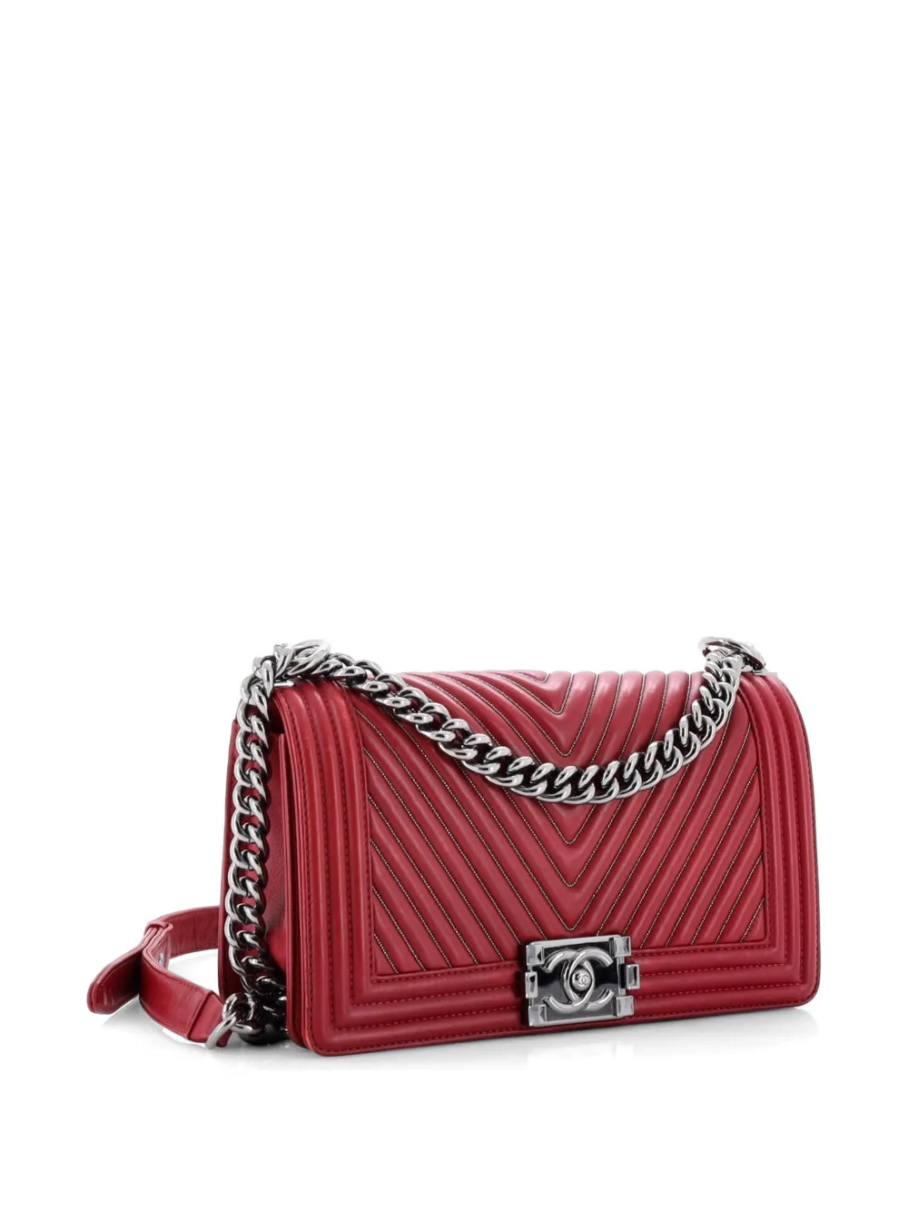  Chanel Pre-owned Sac Porté épaule Matelassé Boy Ancien Format Moyen à Rabat En Cuir De Veau à Chevrons Avec Détail En Micro-chaîne - Rouge 