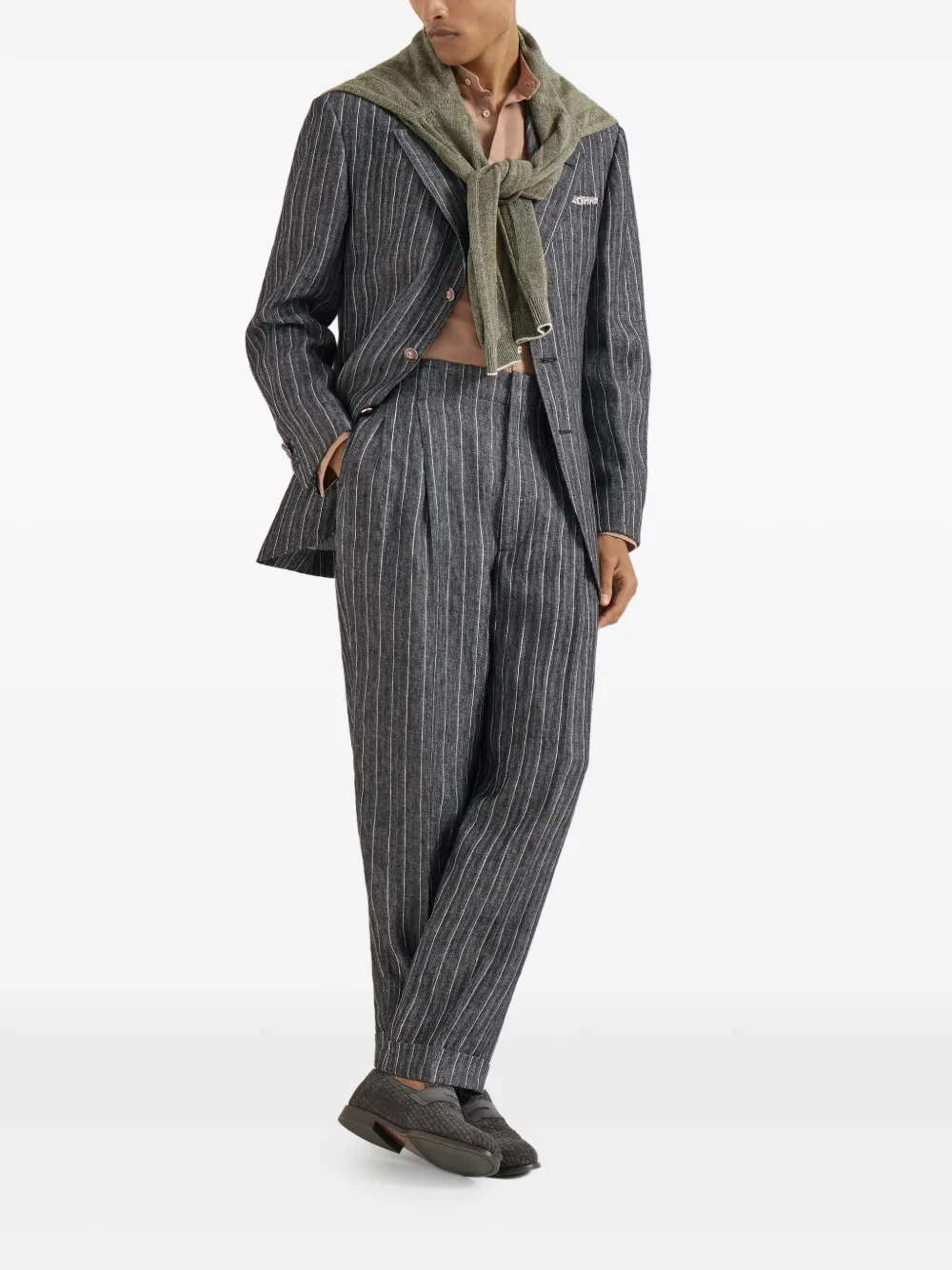 Brunello Cucinelli Linnen krijtstreep chevron broek met dubbele plooien Grijs
