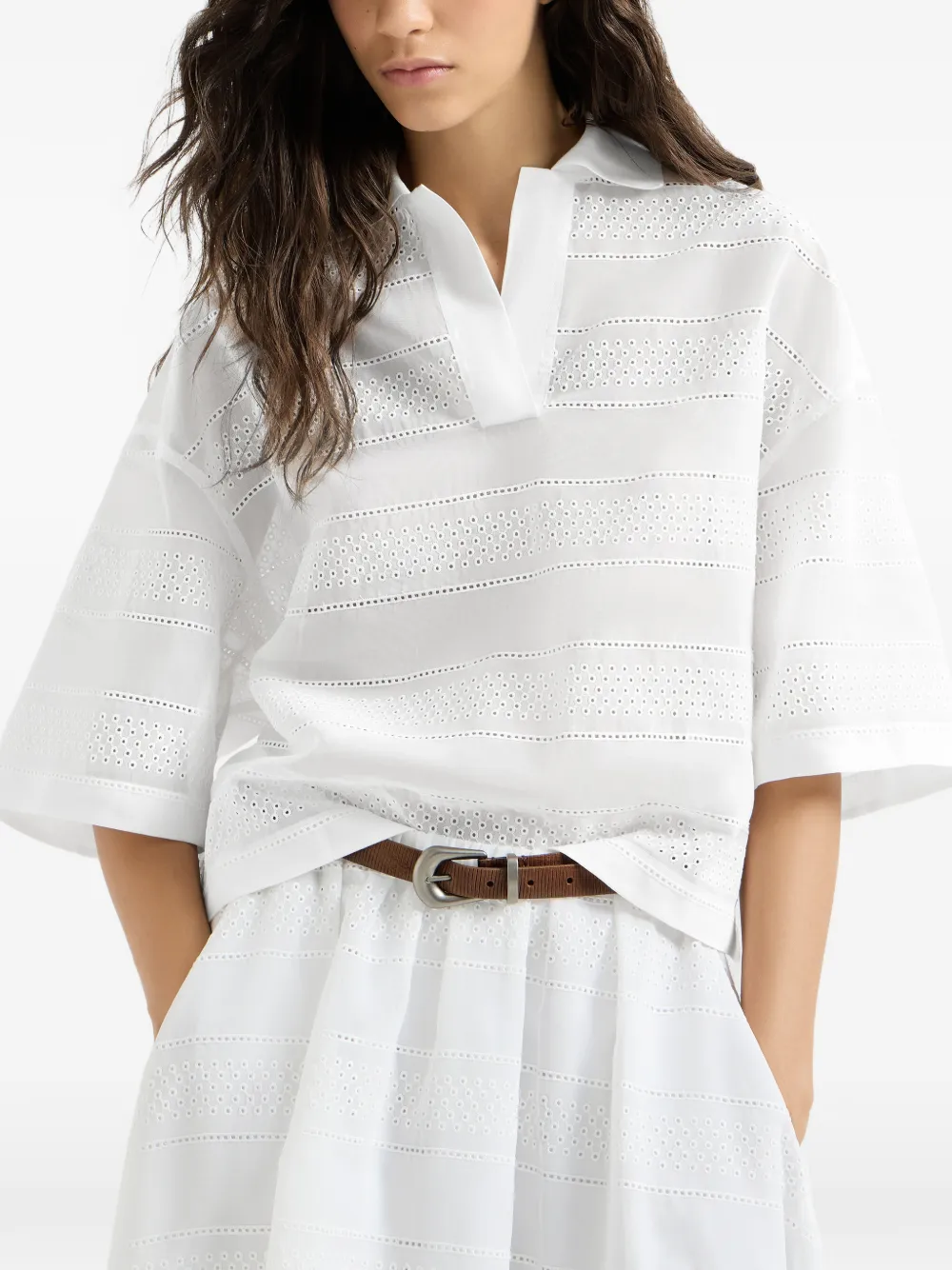 Brunello Cucinelli katoenen organza broderie anglaise cropped poloshirt Wit