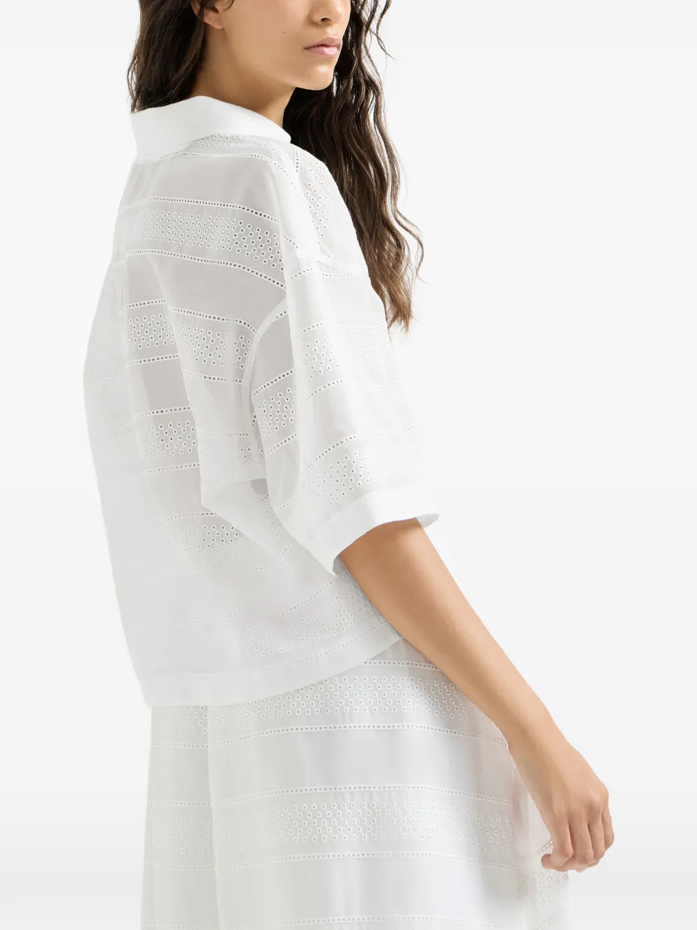 Brunello Cucinelli katoenen organza broderie anglaise cropped poloshirt Wit