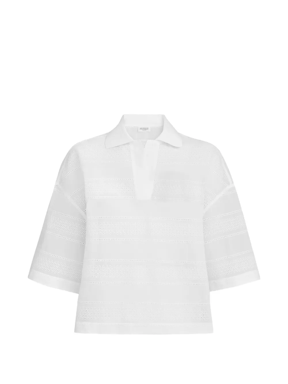 Brunello Cucinelli cotton organza broderie anglaise cropped polo - White