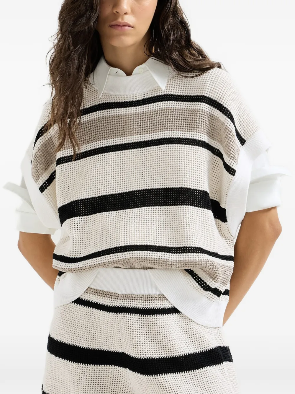 Brunello Cucinelli striped cotton net knit T-shirt - Neutrals