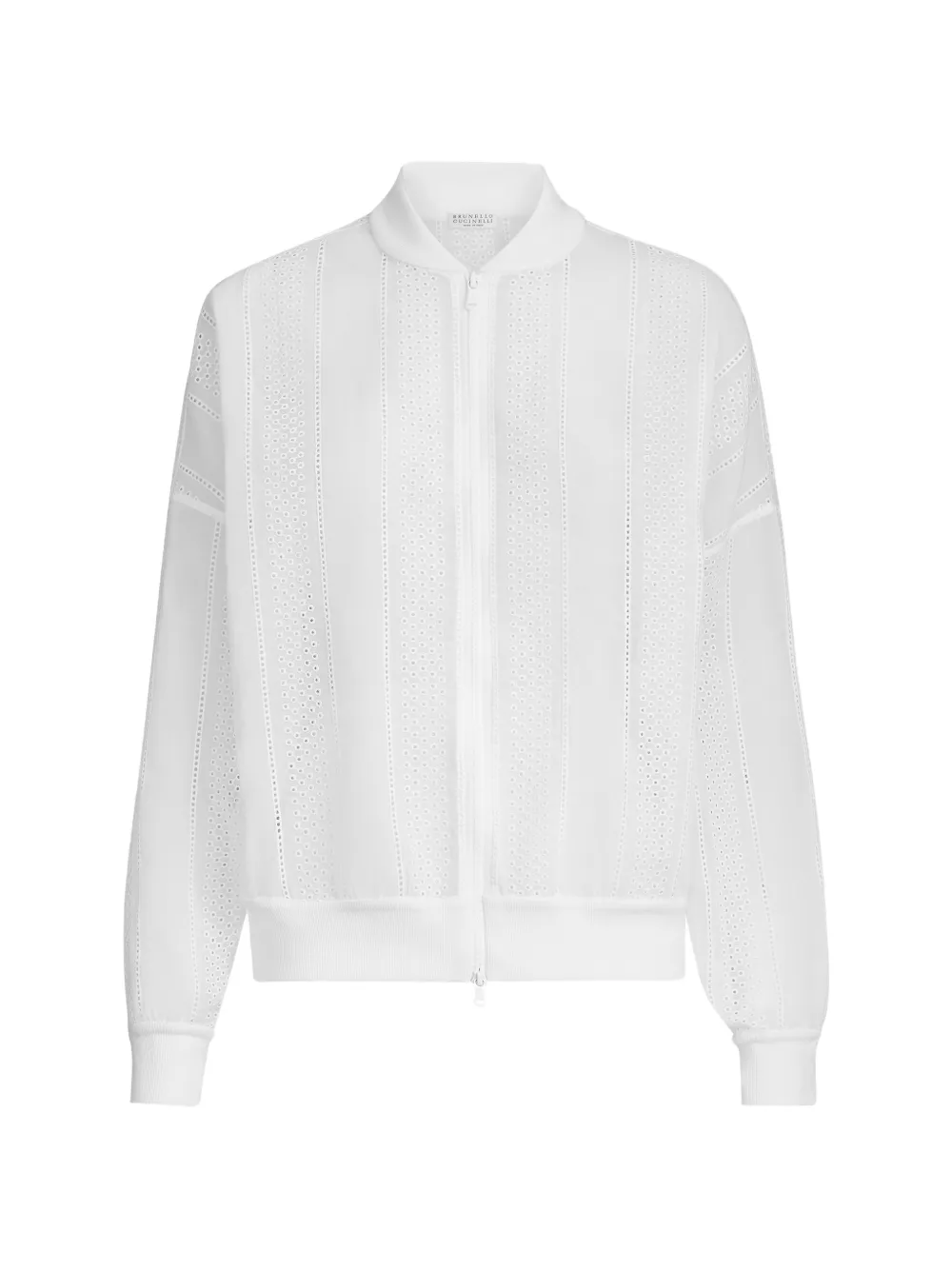 Brunello Cucinelli cotton organza broderie anglaise bomber jacket with zip and monili - Bianco