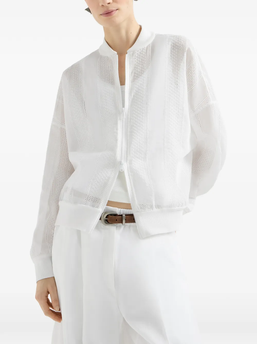  Brunello Cucinelli Bomber In Organza Di Cotone Con Decorazione Con Punto Inglese, Zip E Motivo Monili - Bianco 