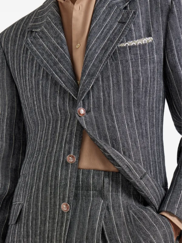 Brunello Cucinelli Linen Chalk Stripe Chevron Tailor Blazer With