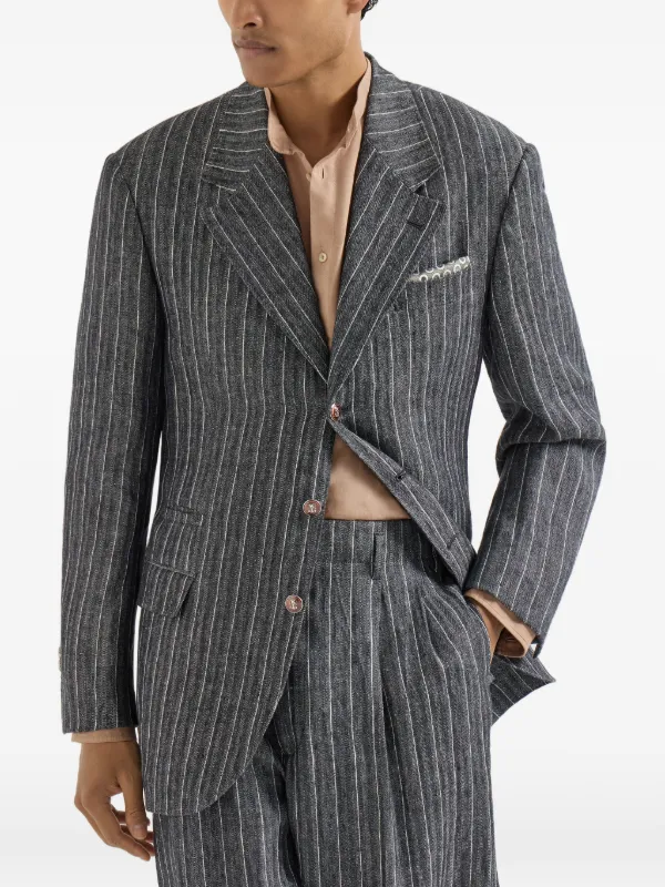 Brunello Cucinelli Linen Chalk Stripe Chevron Tailor Blazer With