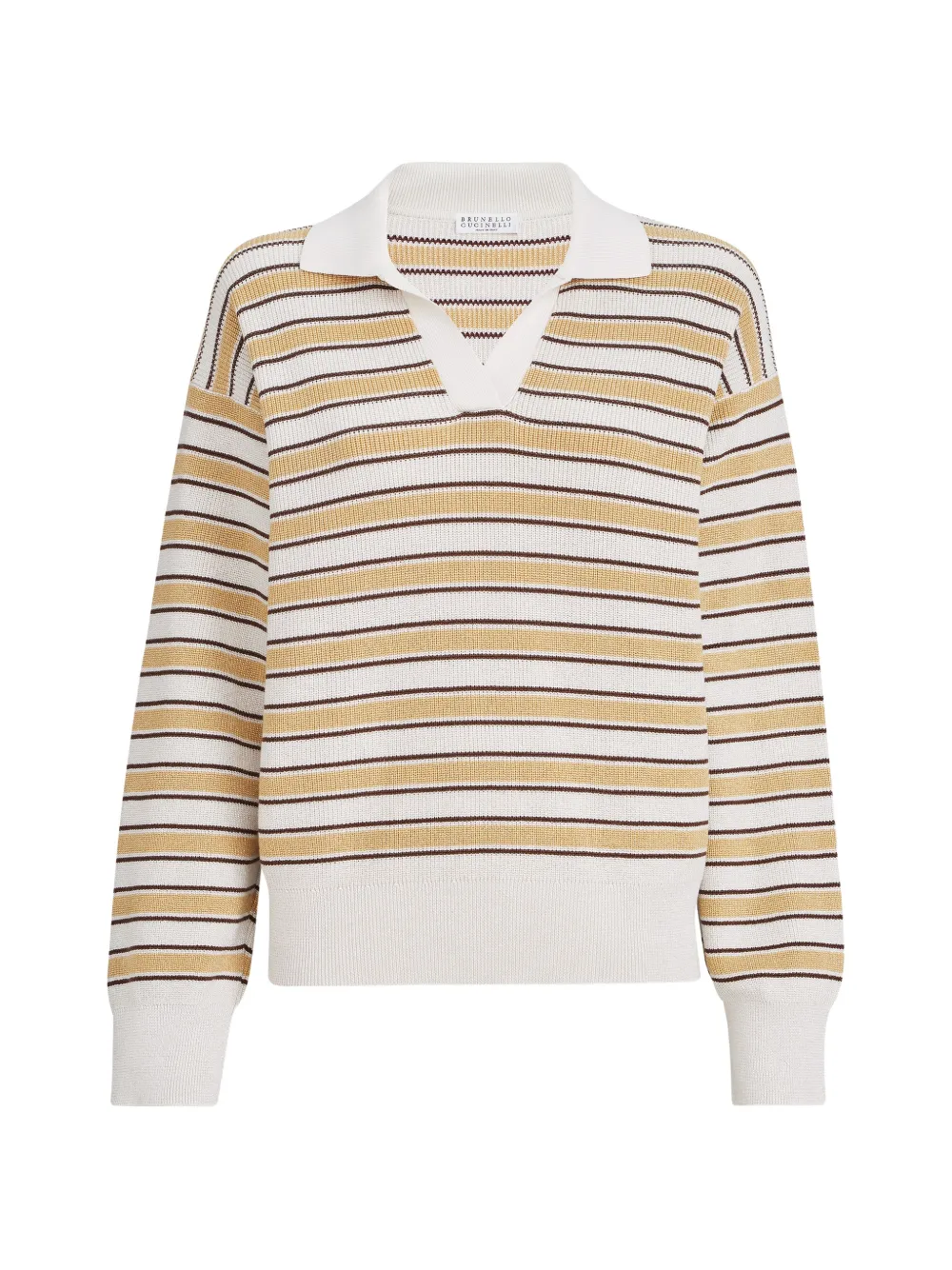 Brunello Cucinelli cotton knit polo with sparkling stripes - Neutrals