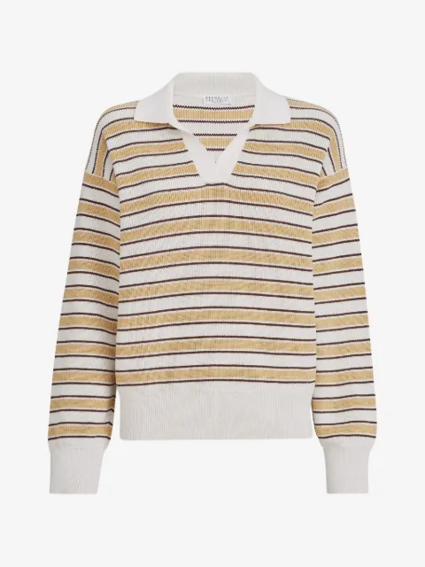 Brunello Cucinelli cotton knit polo with sparkling stripes