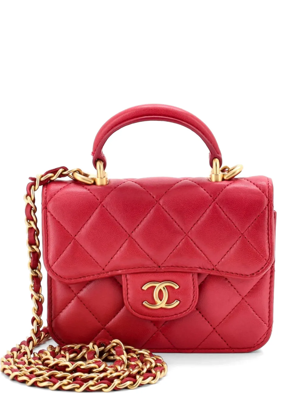 CHANEL Pre-Owned Top Handle Flap Coin Purse with Chain Quilted Lambskin crossbody bag - Rosso