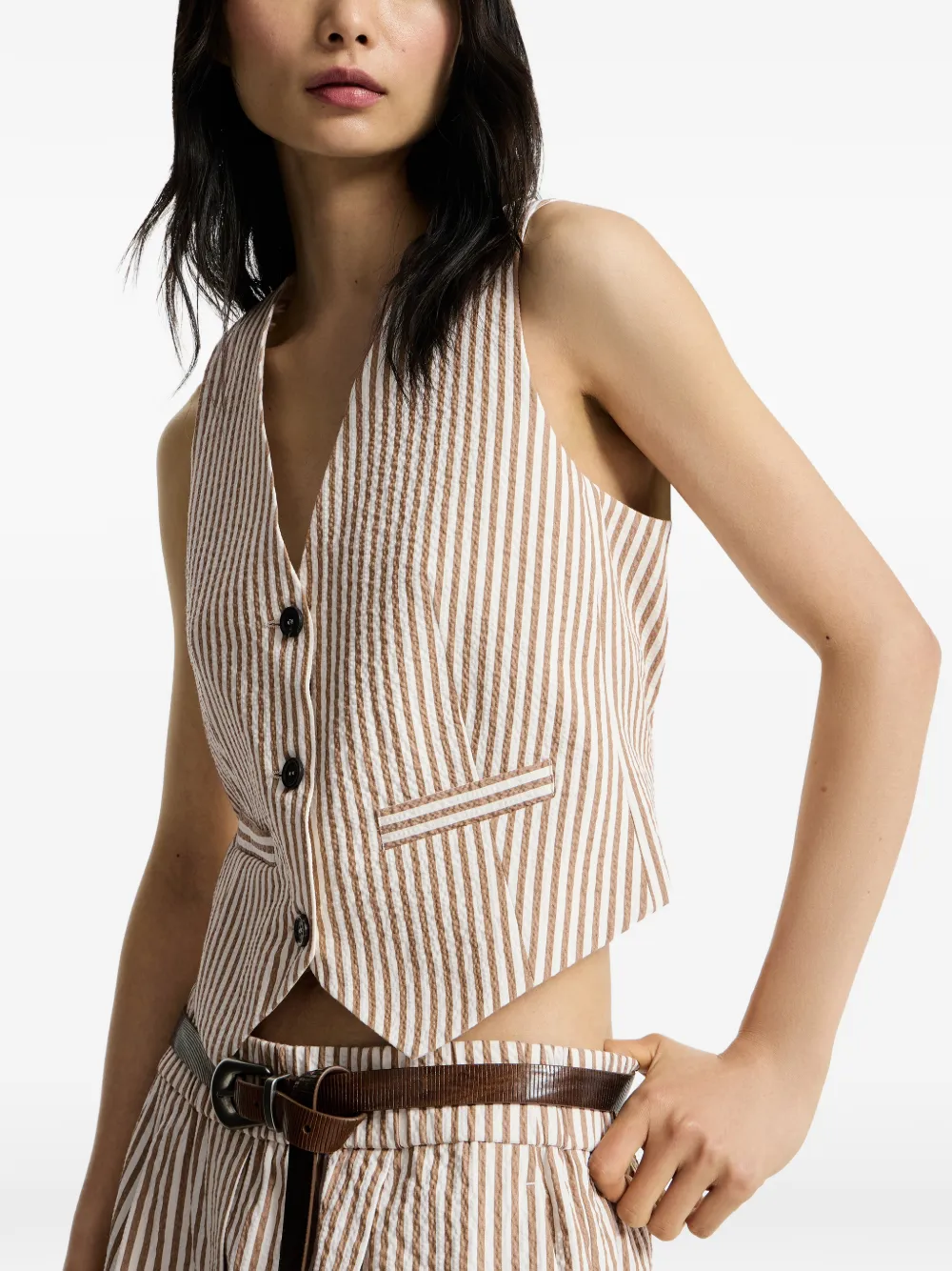 Brunello Cucinelli Gestreepte seersucker top met Monili van techno-katoen Beige