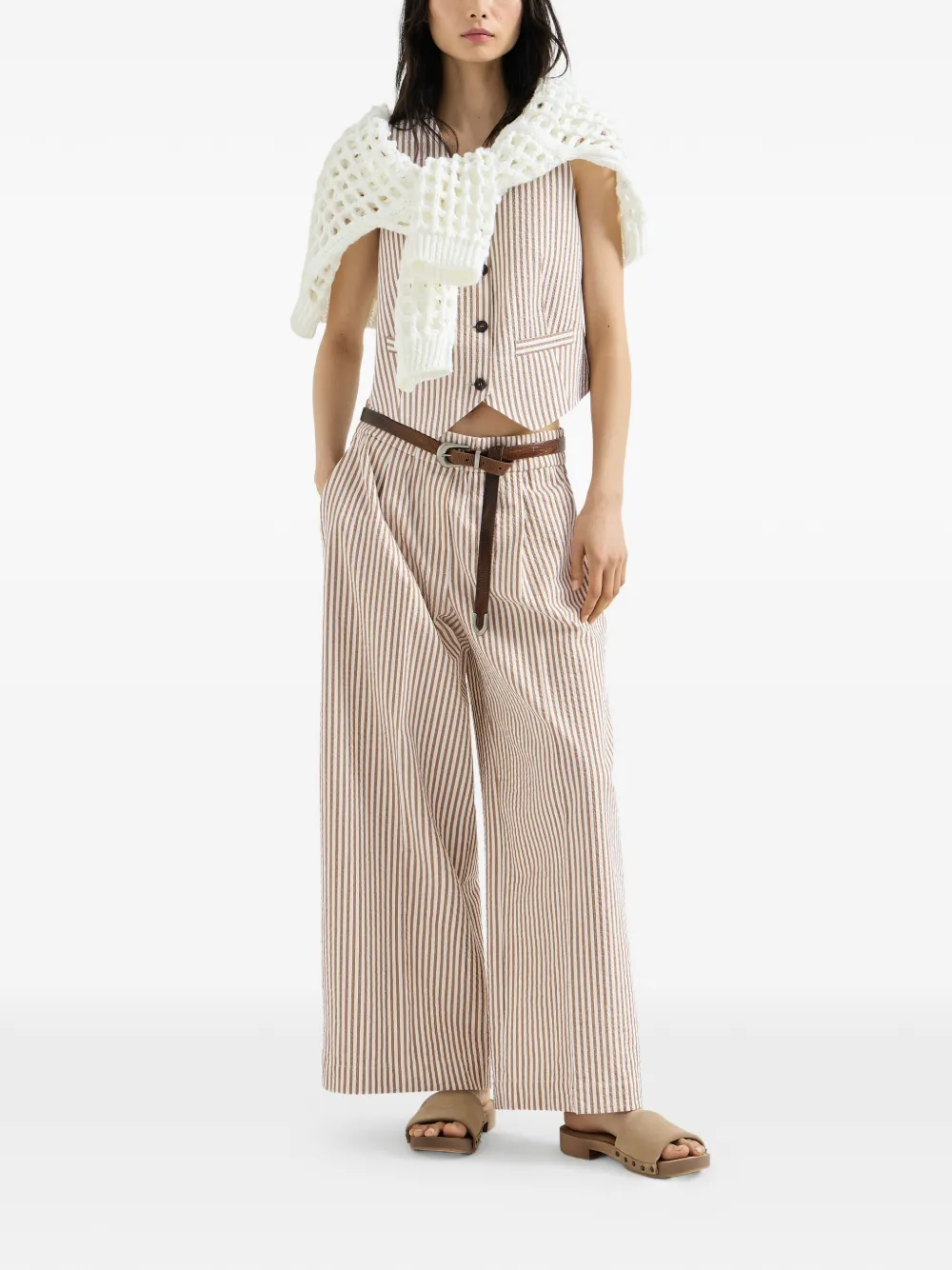 Brunello Cucinelli Gestreepte seersucker top met Monili van techno-katoen Beige