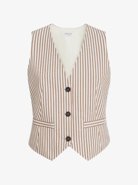 Brunello Cucinelli techno-cotton striped seersucker vest with Monili