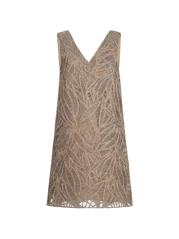 Brunello Cucinelli Linen and Cotton Dazzling Cacao Leaves Embroidery Mini Dress in Brown
