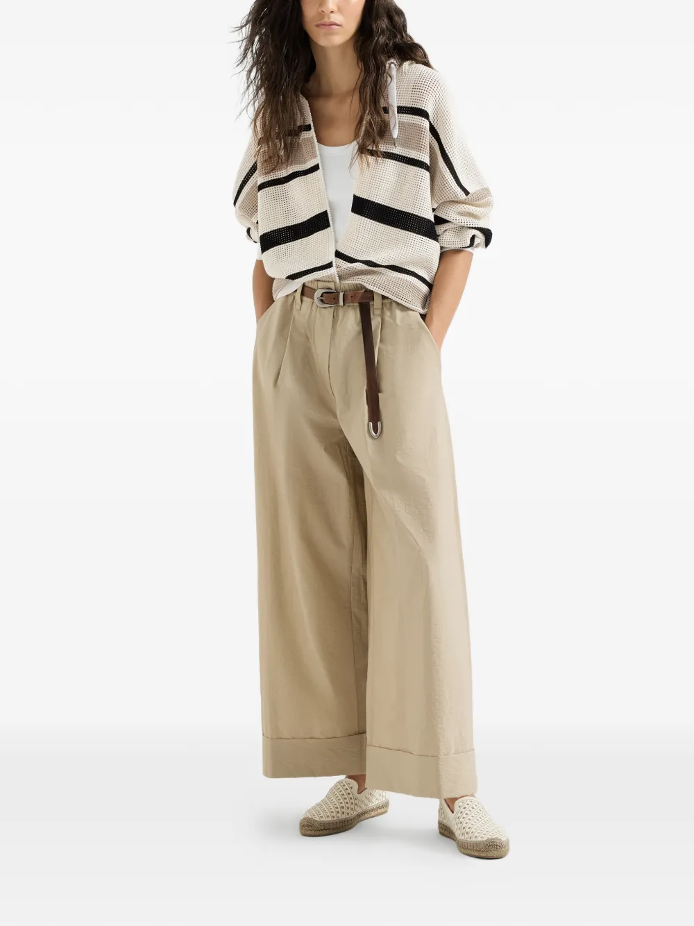 Brunello Cucinelli Techno katoenen popeline boxy plooibroek met monili Beige