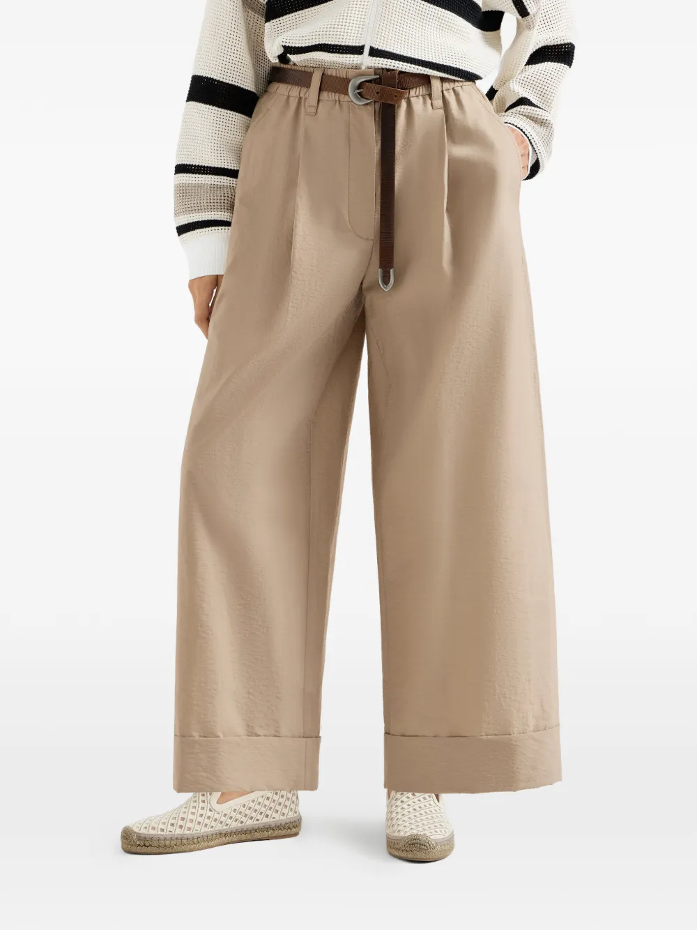 Brunello Cucinelli Techno katoenen popeline boxy plooibroek met monili Beige