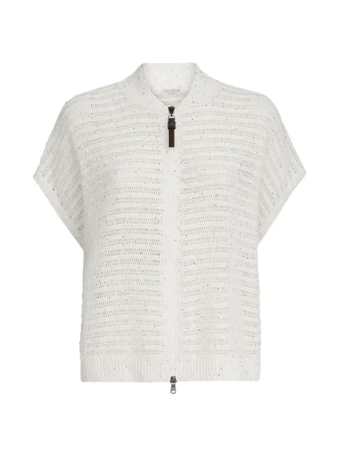 Brunello Cucinelli linen diamond yarn cardigan with openwork stripes and shiny zipper pull