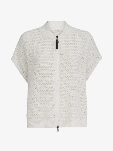 Brunello Cucinelli linen diamond yarn cardigan with openwork stripes and shiny zipper pull