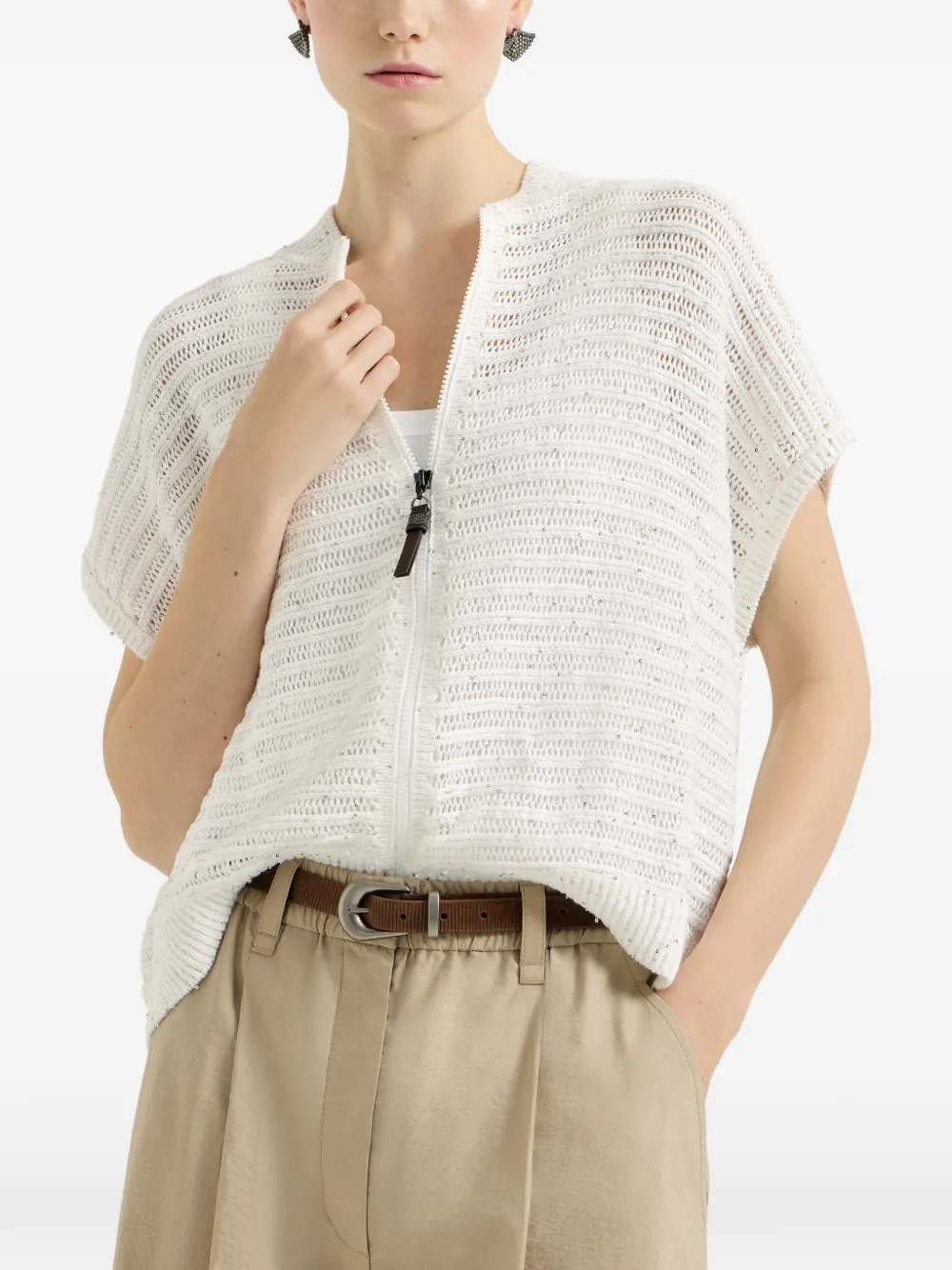  Brunello Cucinelli Cardigan En Fil De Lin Diamant Avec Rayures Ajourées Et Tirette Brillante - Blanc 
