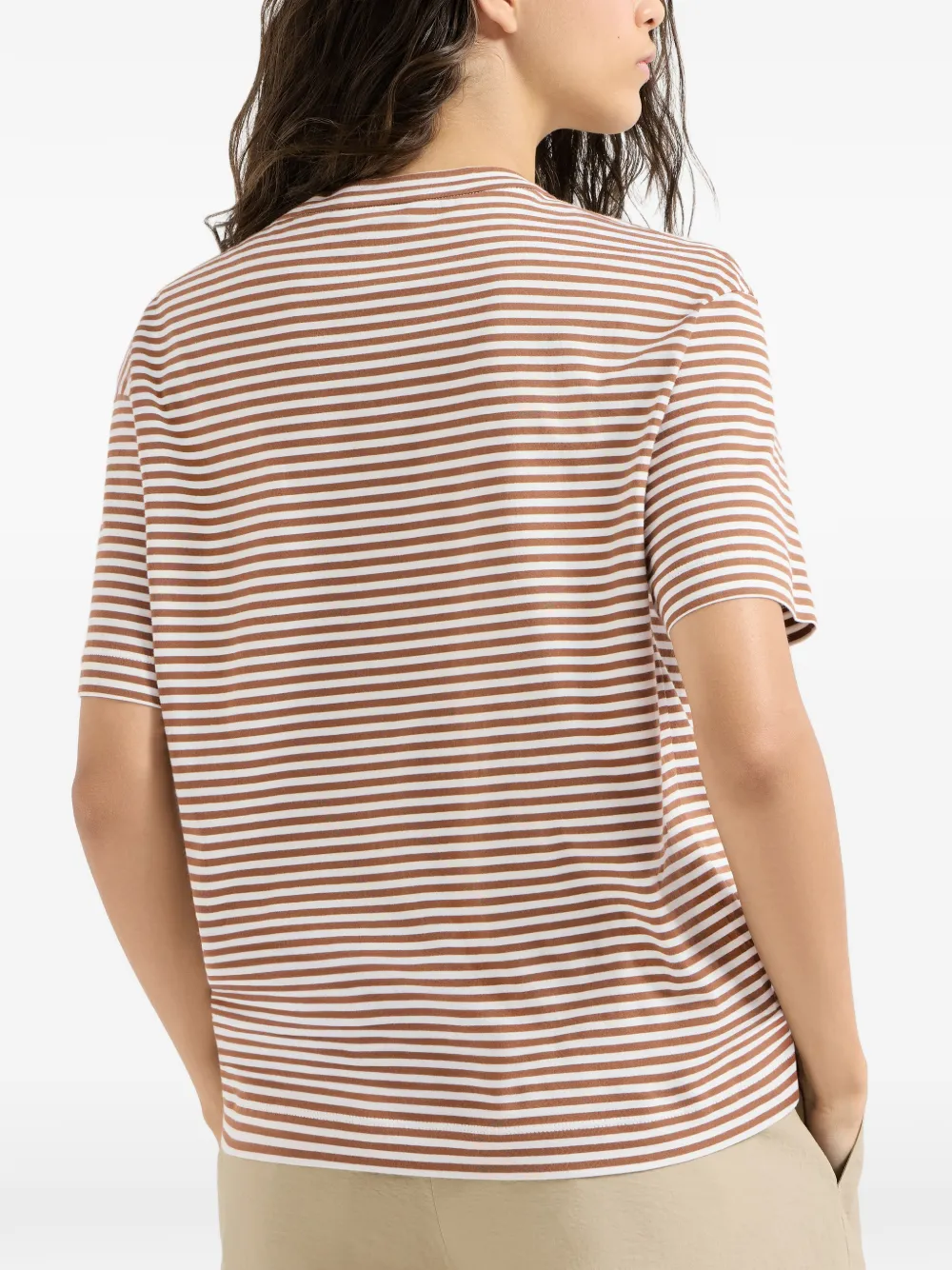 Brunello Cucinelli Gestreept jersey T-shirt met verfraaide halslijn Bruin