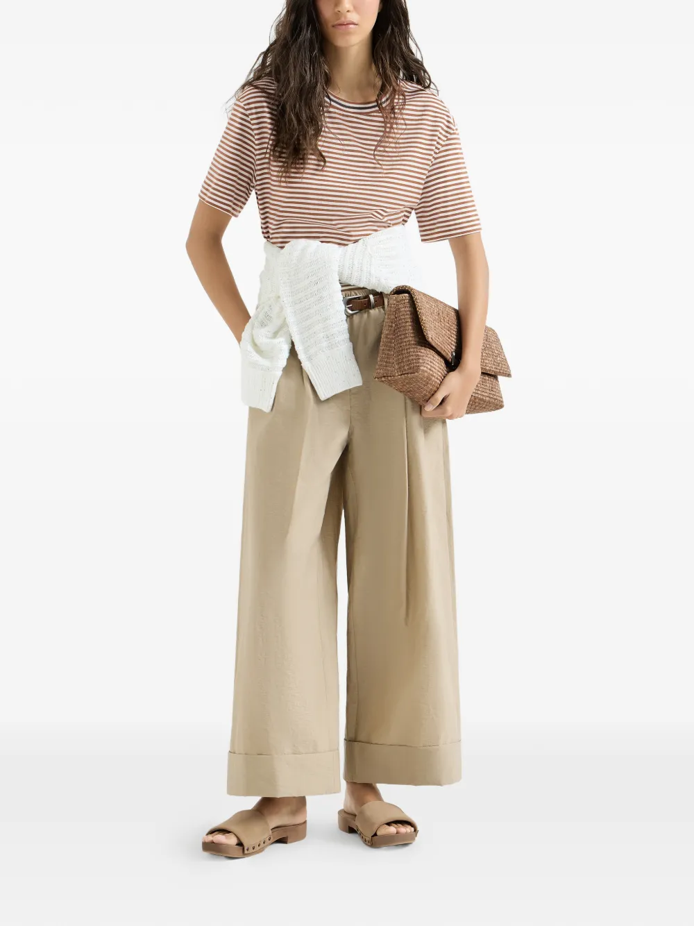 Brunello Cucinelli Gestreept jersey T-shirt met verfraaide halslijn Bruin
