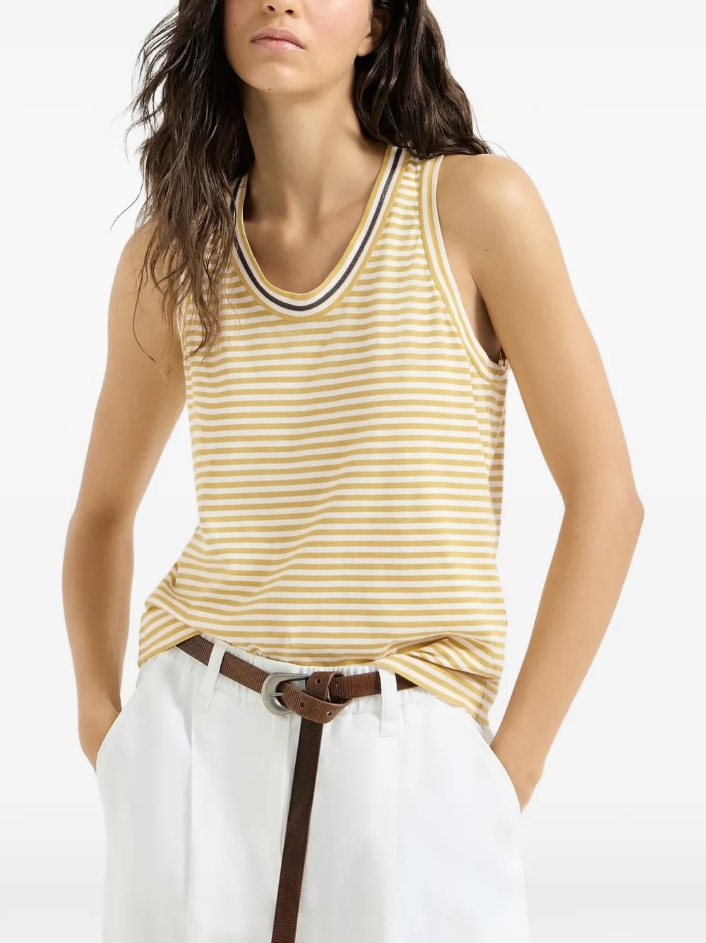 Brunello Cucinelli striped cotton jersey top with precious neckline - Giallo