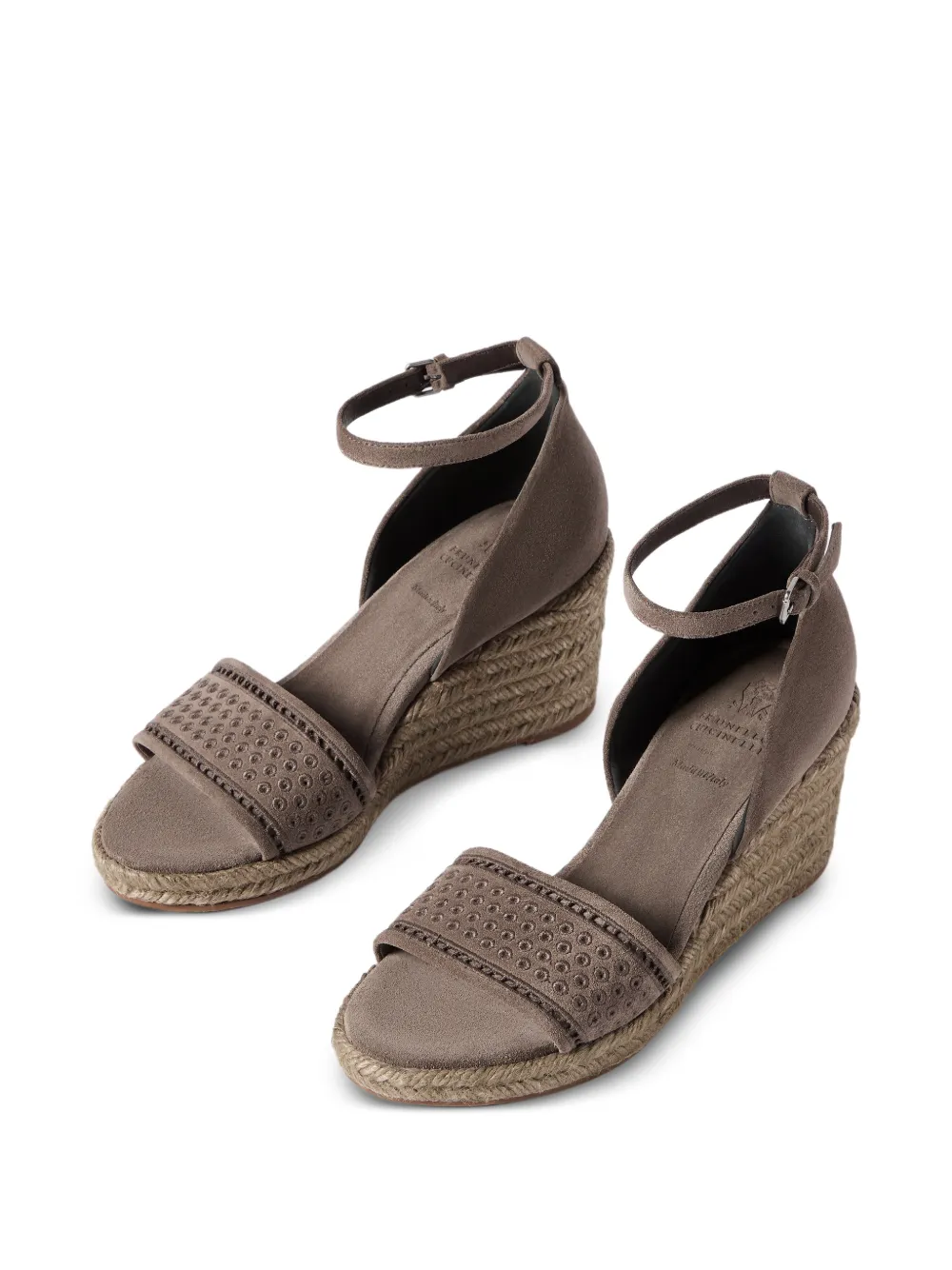 Brunello Cucinelli Suède espadrilles met broderie anglaise Bruin