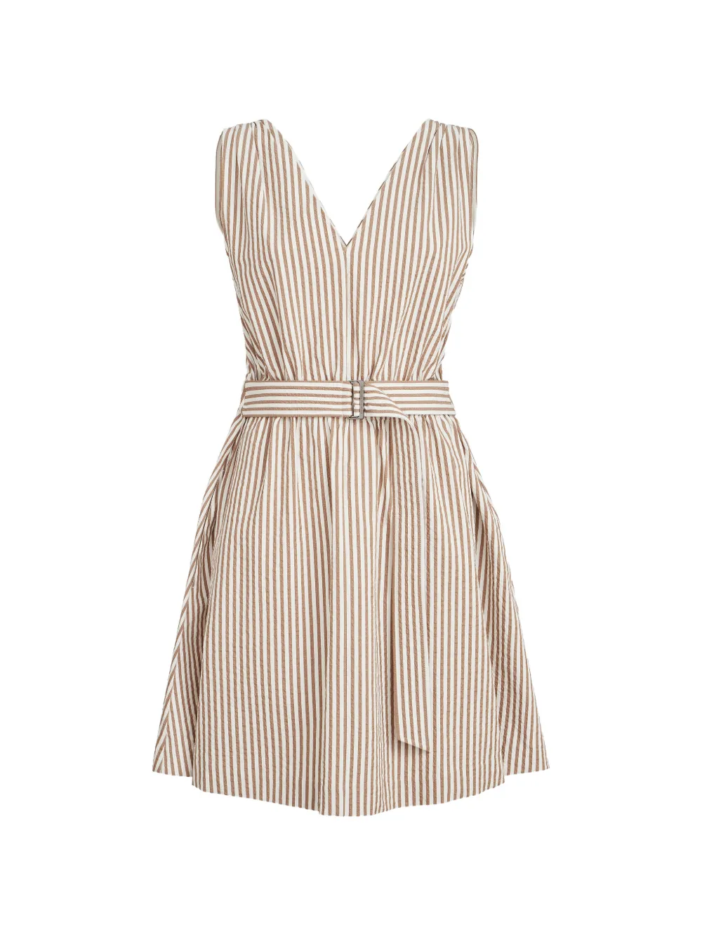 Brunello Cucinelli techno-cotton striped seersucker belted mini dress with monili - Toni neutri