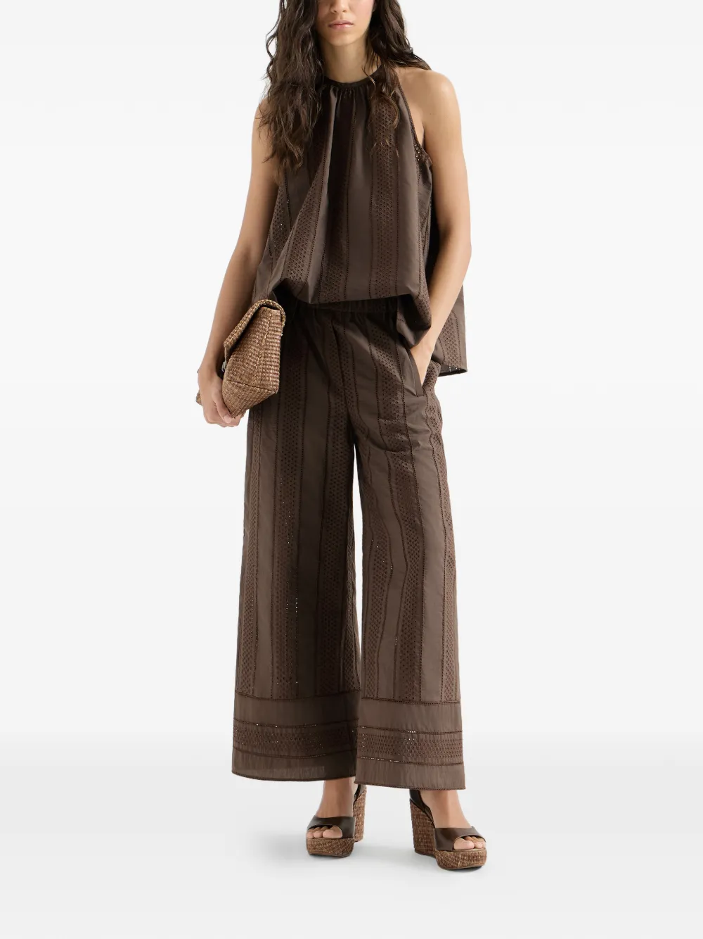  Brunello Cucinelli Top In Popeline Di Cotone Tecnico Con Motivo Monili E Dettagli In Pizzo Sangallo - Marrone 