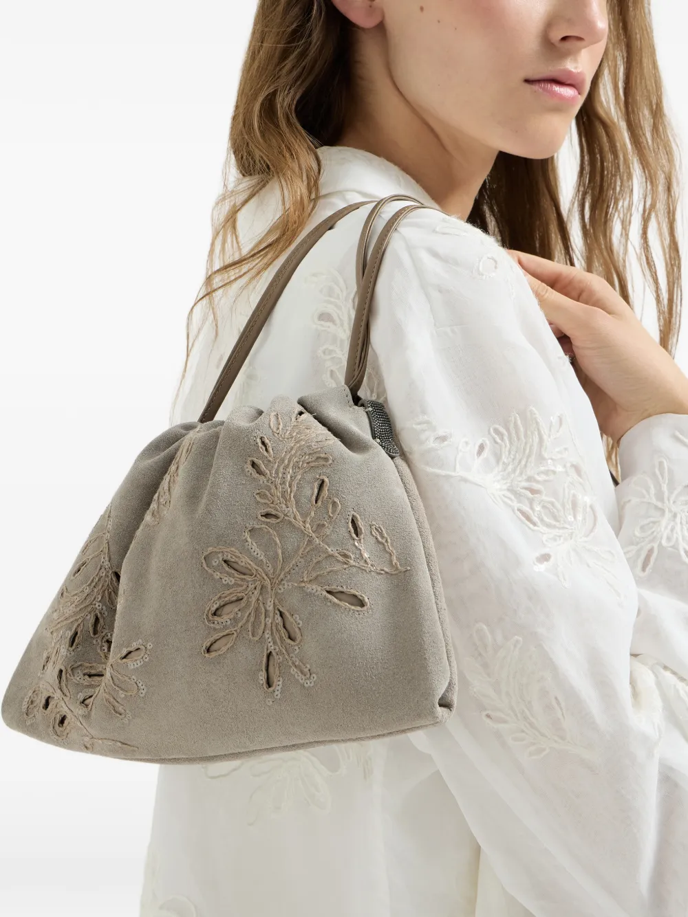  Brunello Cucinelli Pouch Duo Dazzling In Pelle Scamosciata E Pizzo Sangallo Con Motivo Monili - Toni Neutri 