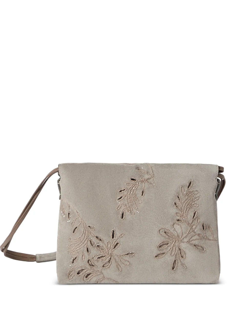 Brunello Cucinelli Pouch Duo Dazzling in pelle scamosciata e pizzo sangallo con motivo Monili - Toni neutri