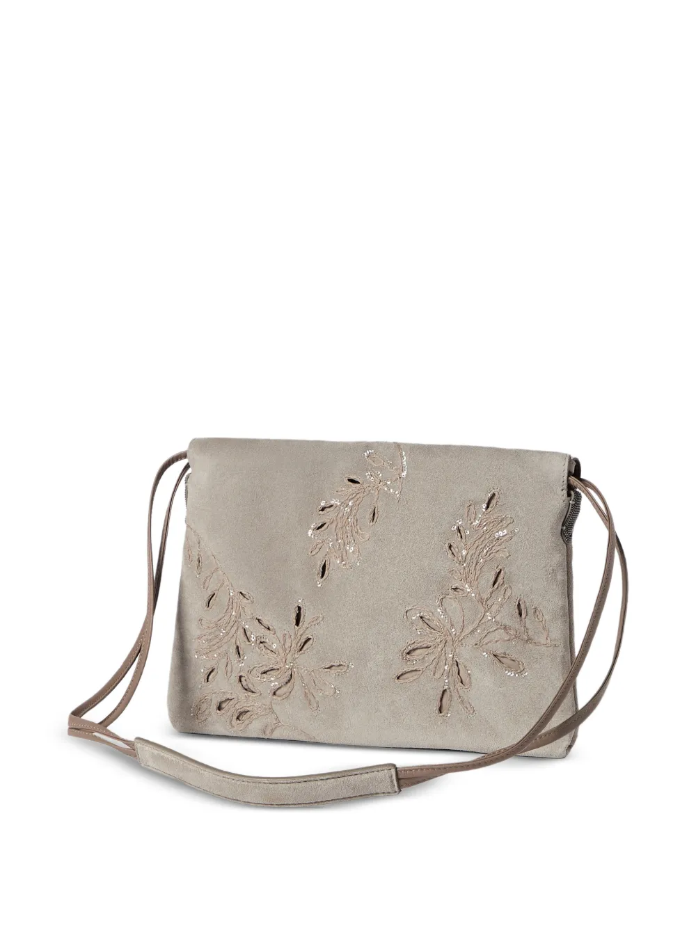 Brunello Cucinelli Pouch Duo Dazzling In Pelle Scamosciata E Pizzo Sangallo Con Motivo Monili - Toni Neutri 