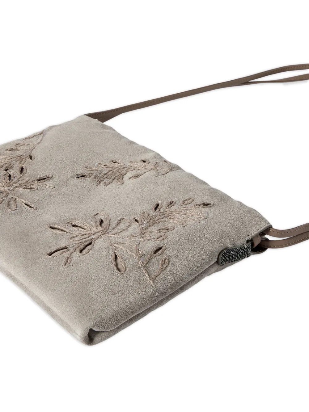 Brunello Cucinelli Suède buidel met broderie anglaise en monili Beige