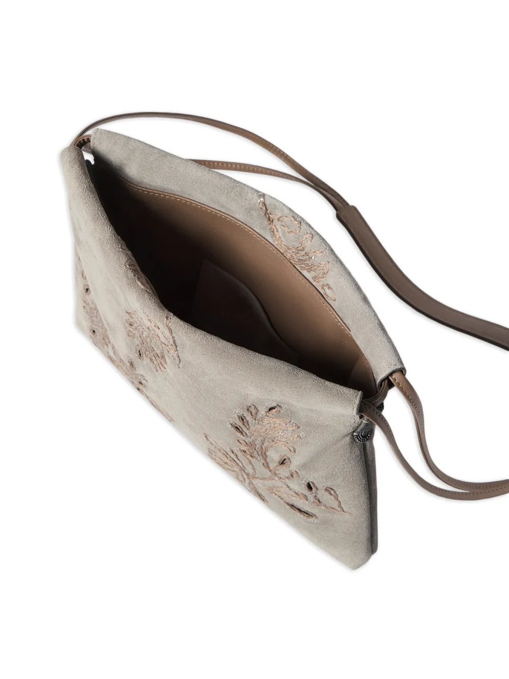 Brunello Cucinelli Suède buidel met broderie anglaise en monili Beige