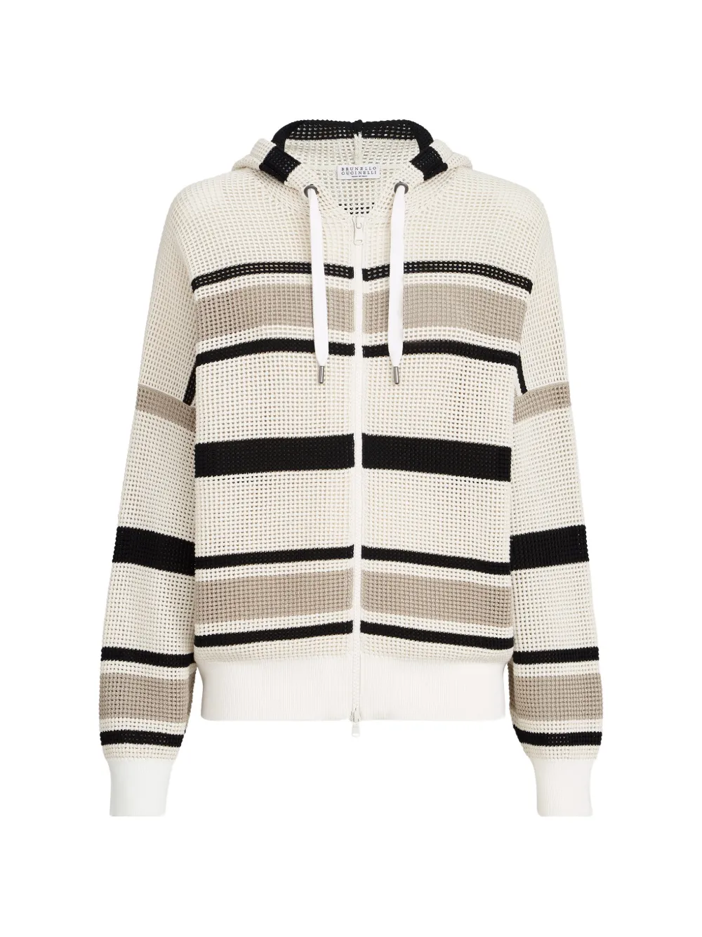 Brunello Cucinelli striped cotton net hooded cardigan with zipper - Bianco