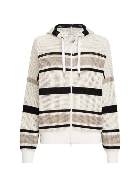 Brunello Cucinelli striped cotton net hooded cardigan with zipper